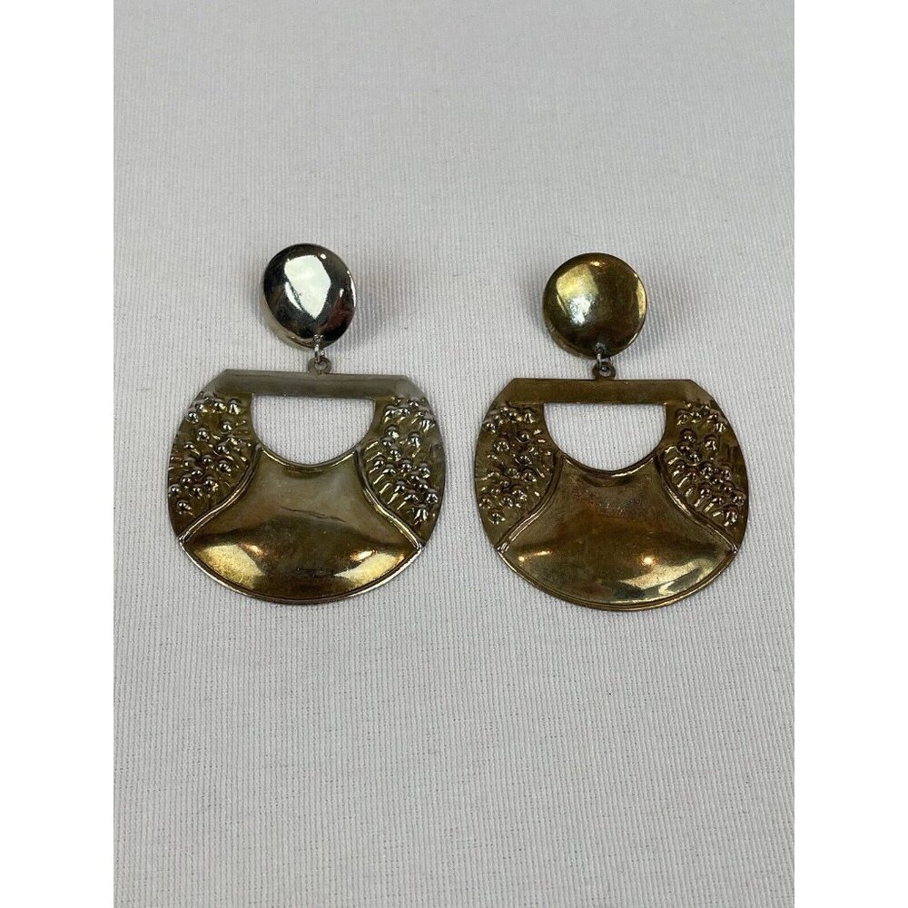 Vintage Gold Tone Hoop Dangle Drop Earrings Post Pierced Large Statement Light